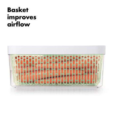 OXO GreenSaver adjustable vent shows open or closed settings for different produce