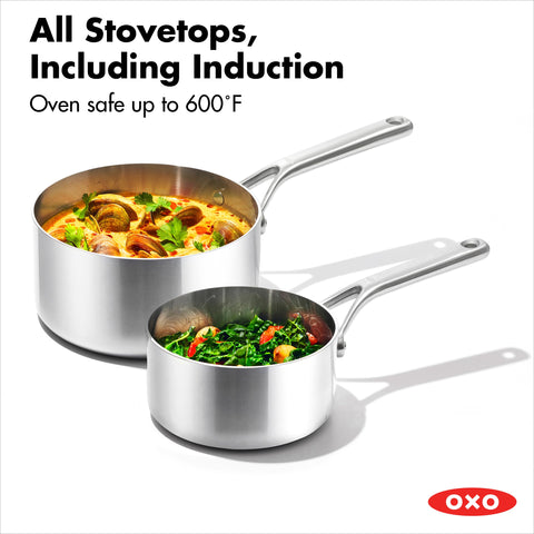 OXO Mira Tri-Ply contoured handles offer comfortable grip.