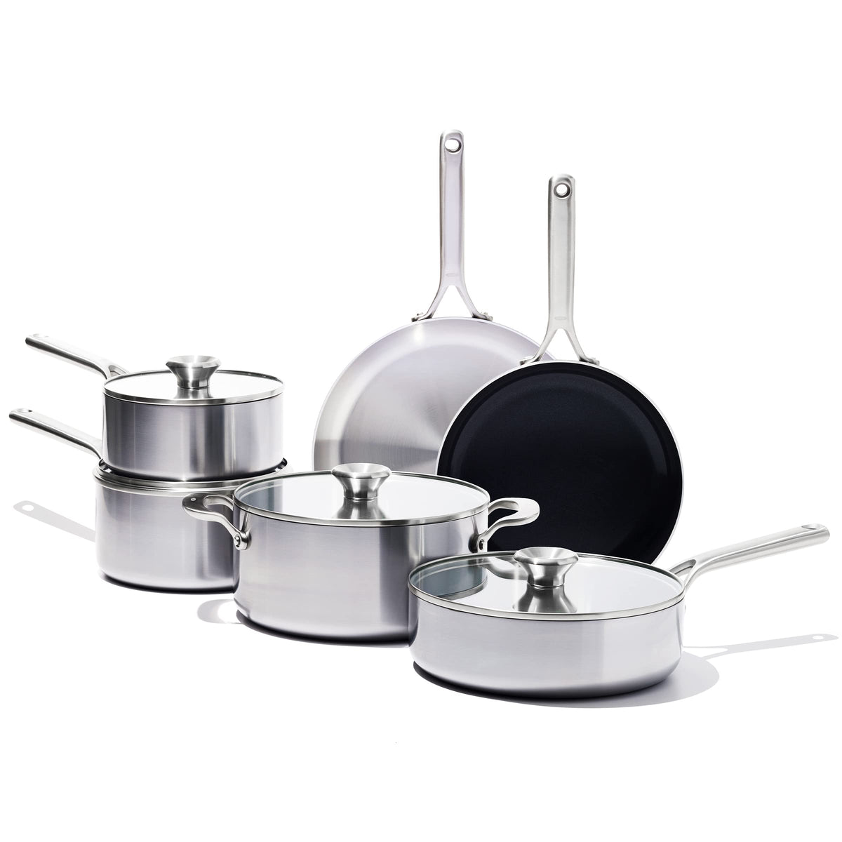OXO Mira Tri-Ply set on stove for even heating during weeknight meals.