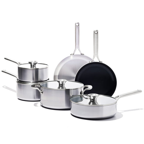 OXO Mira Tri-Ply set on stove for even heating during weeknight meals.