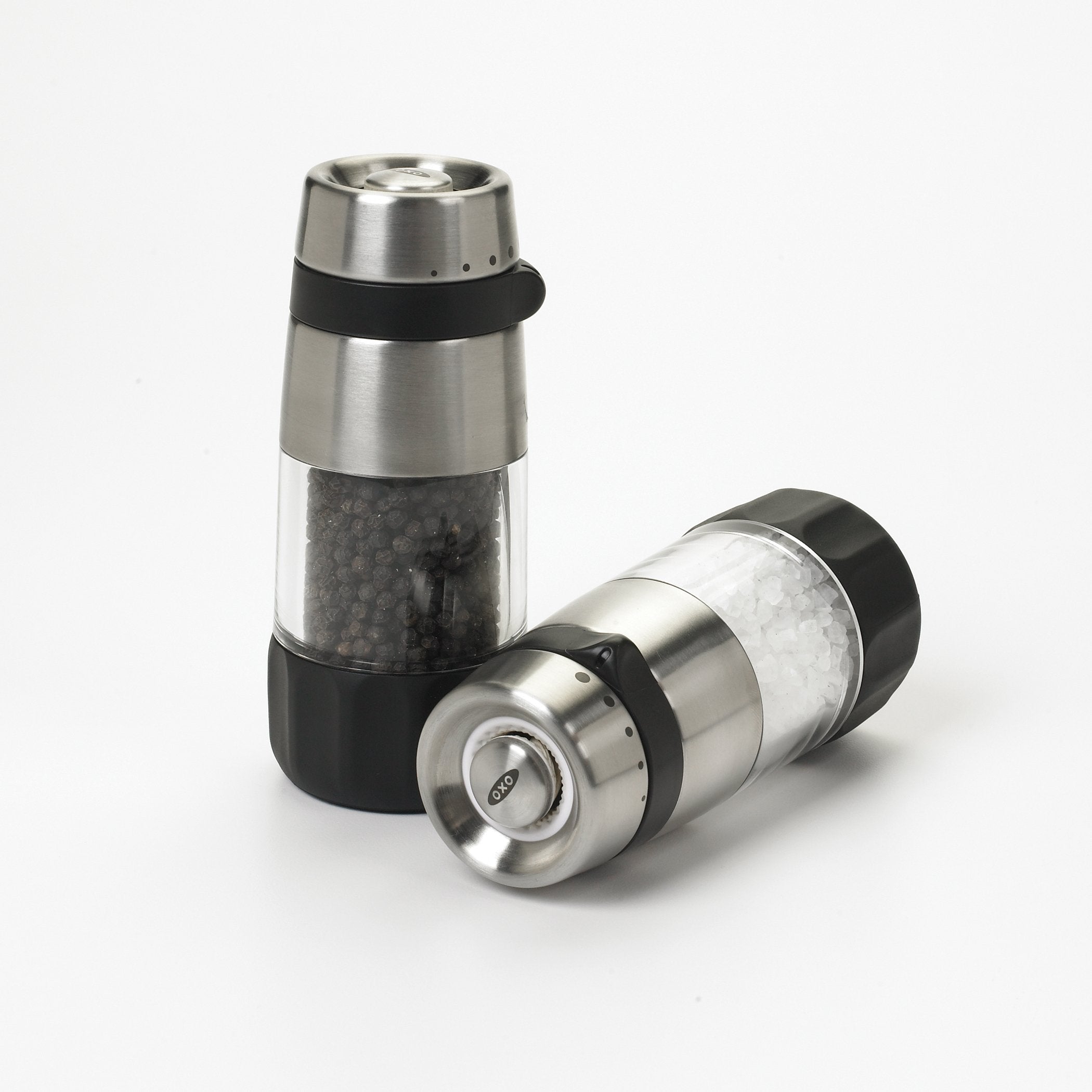 OXO pepper grinder clear body shows peppercorns for precise seasoning.