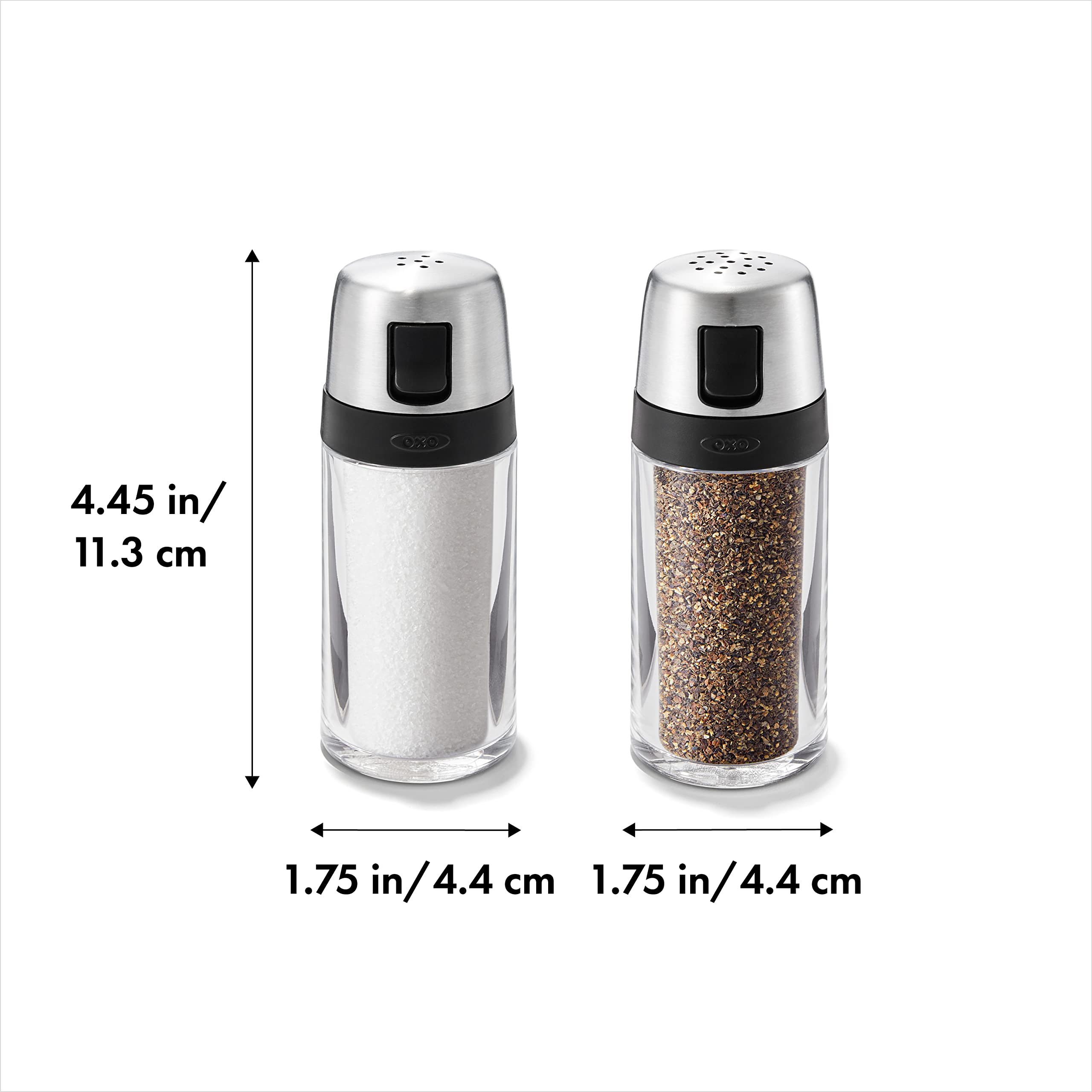 OXO pepper shaker with clear body for quick, controlled seasoning.