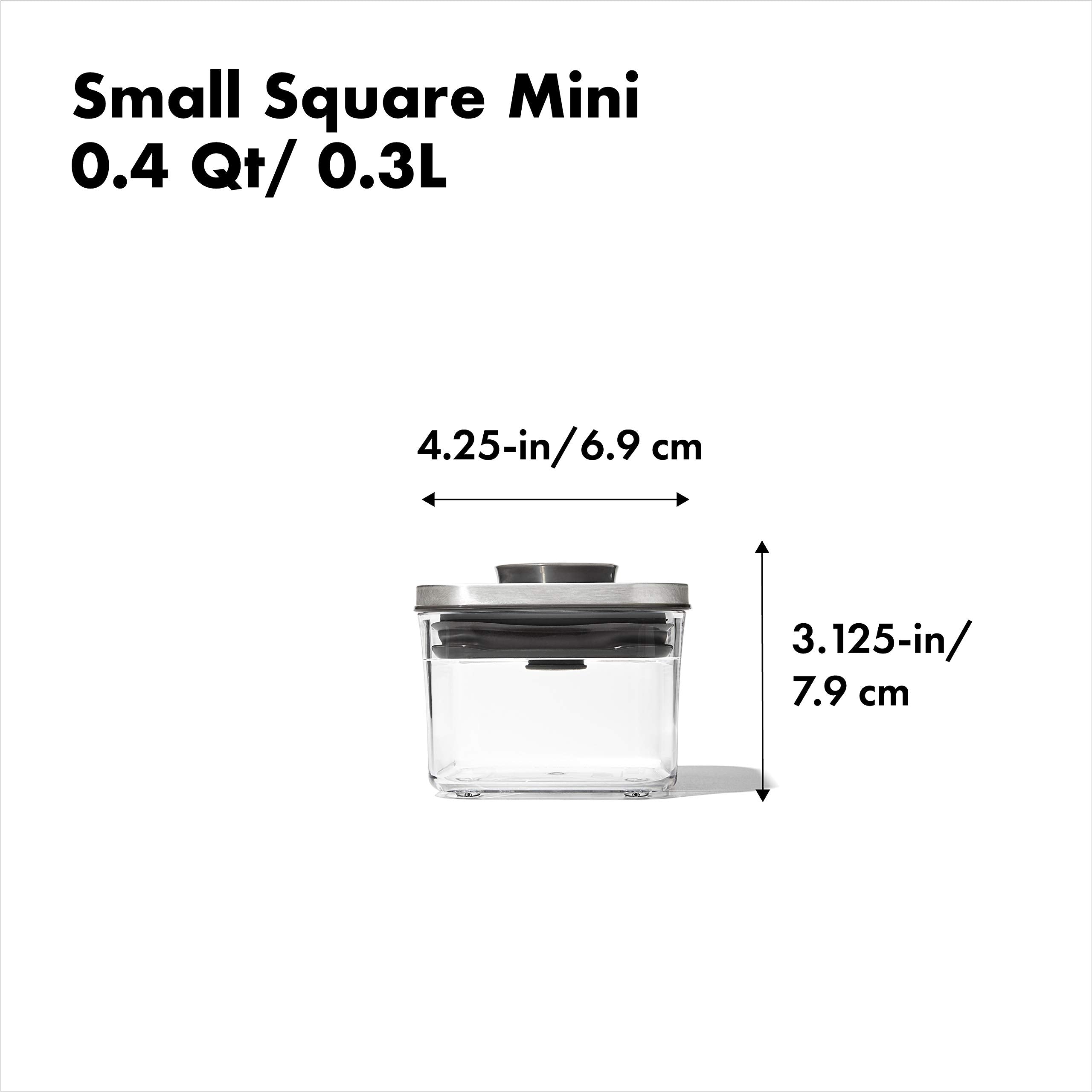OXO POP 0.4 qt can with stainless steel lid for durable storage.