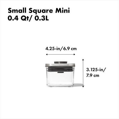 OXO POP 0.4 qt can with stainless steel lid for durable storage.