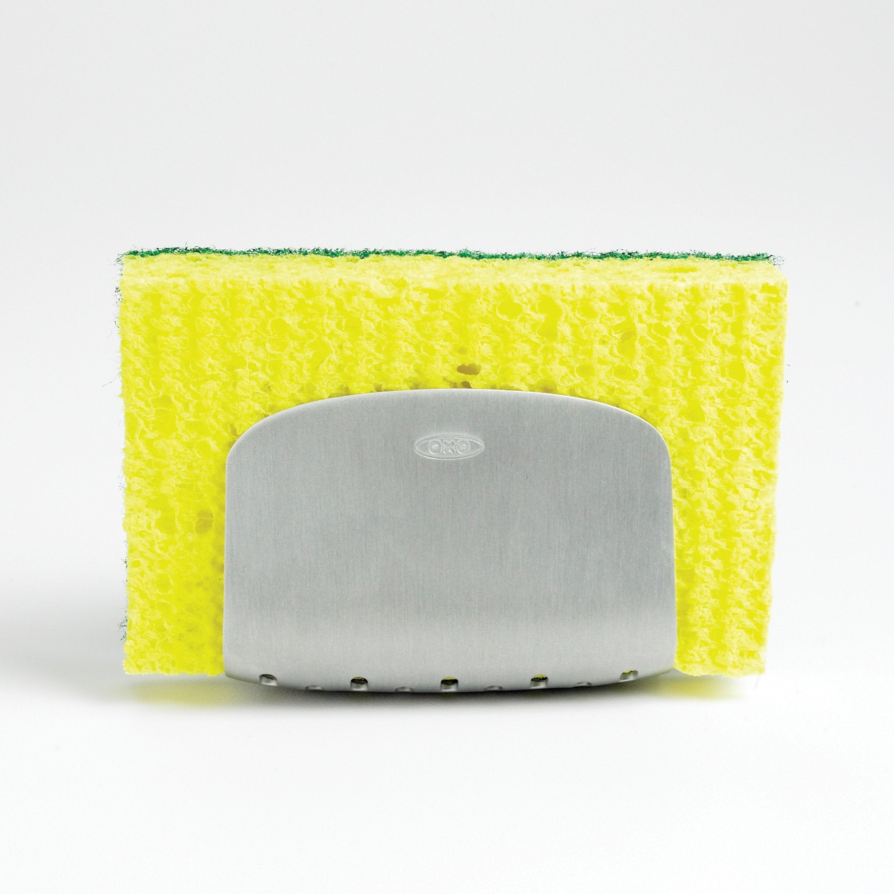 OXO rust-proof aluminum holder with a wide opening for bulky sponges