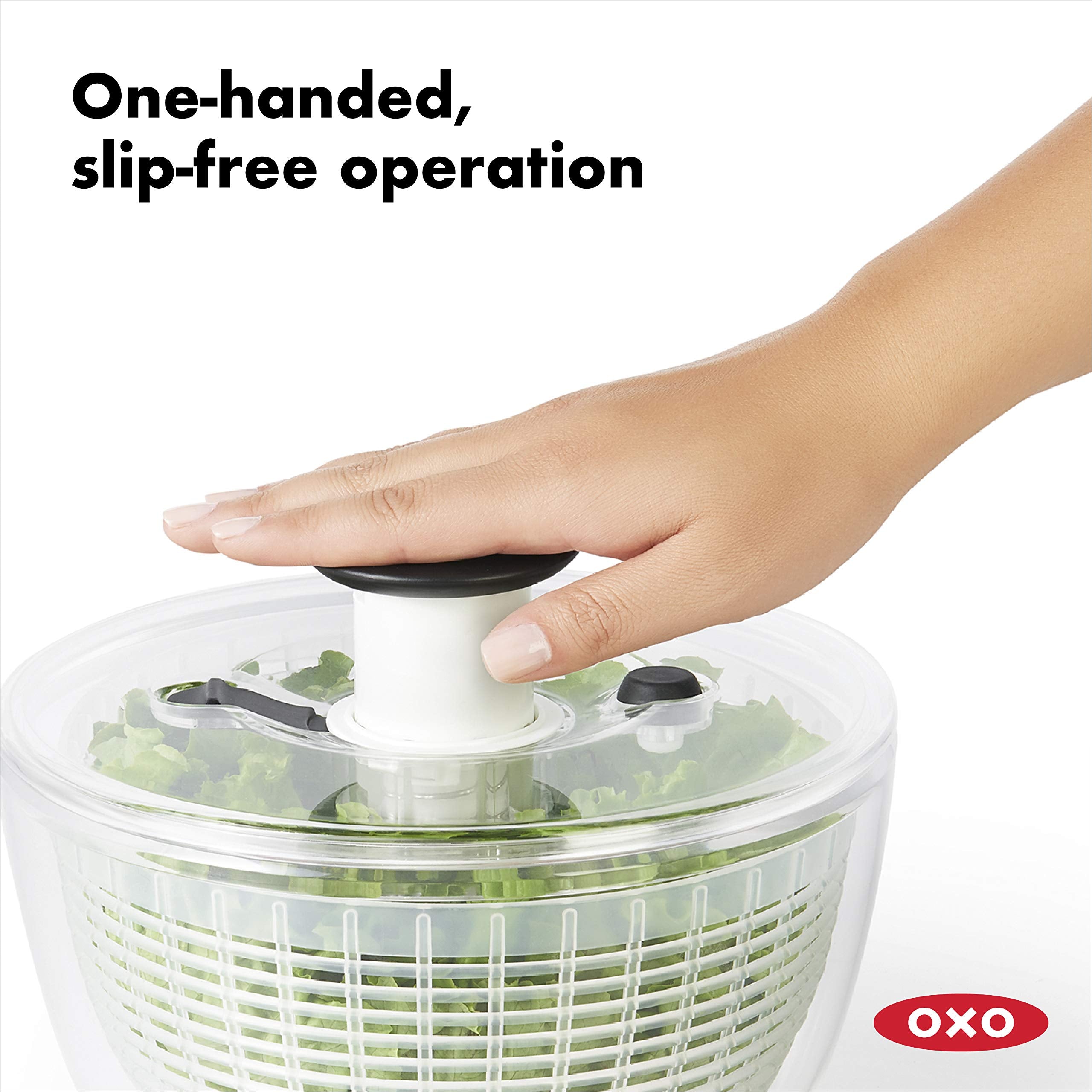 OXO Salad Spinner 5 qt (4.7 L) capacity ideal for large batches.
