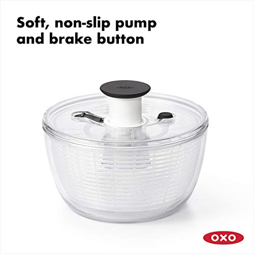 OXO Salad Spinner cap-lid close-up demonstrating easy press for quick operation.