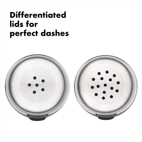 OXO salt and pepper set on table, ready for everyday meals.