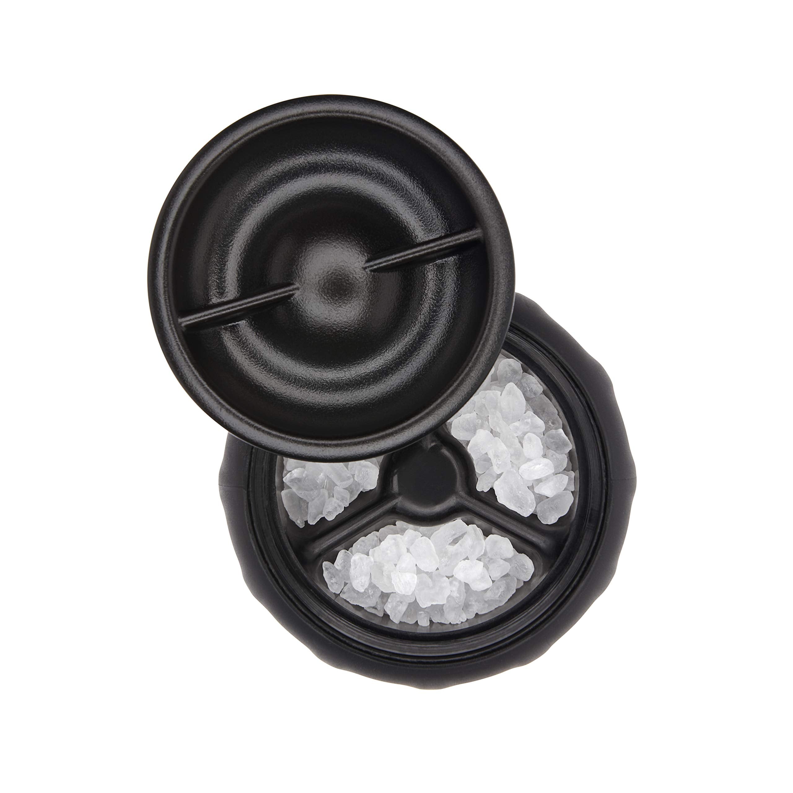 OXO salt grinder stainless-steel accents add kitchen-to-table style.