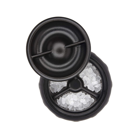 OXO salt grinder stainless-steel accents add kitchen-to-table style.