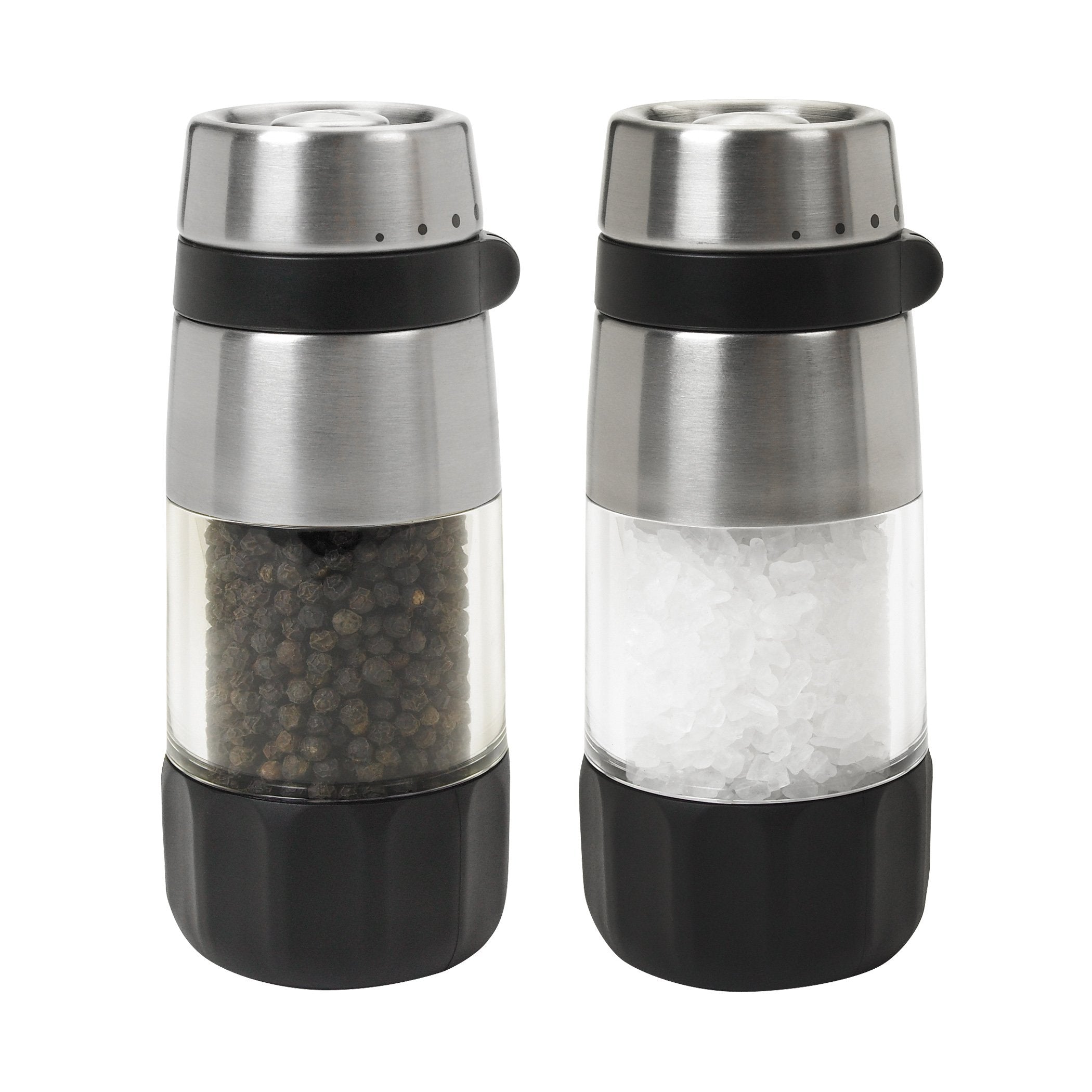 OXO salt grinder top mechanism close-up highlighting easy-to-adjust grind settings.
