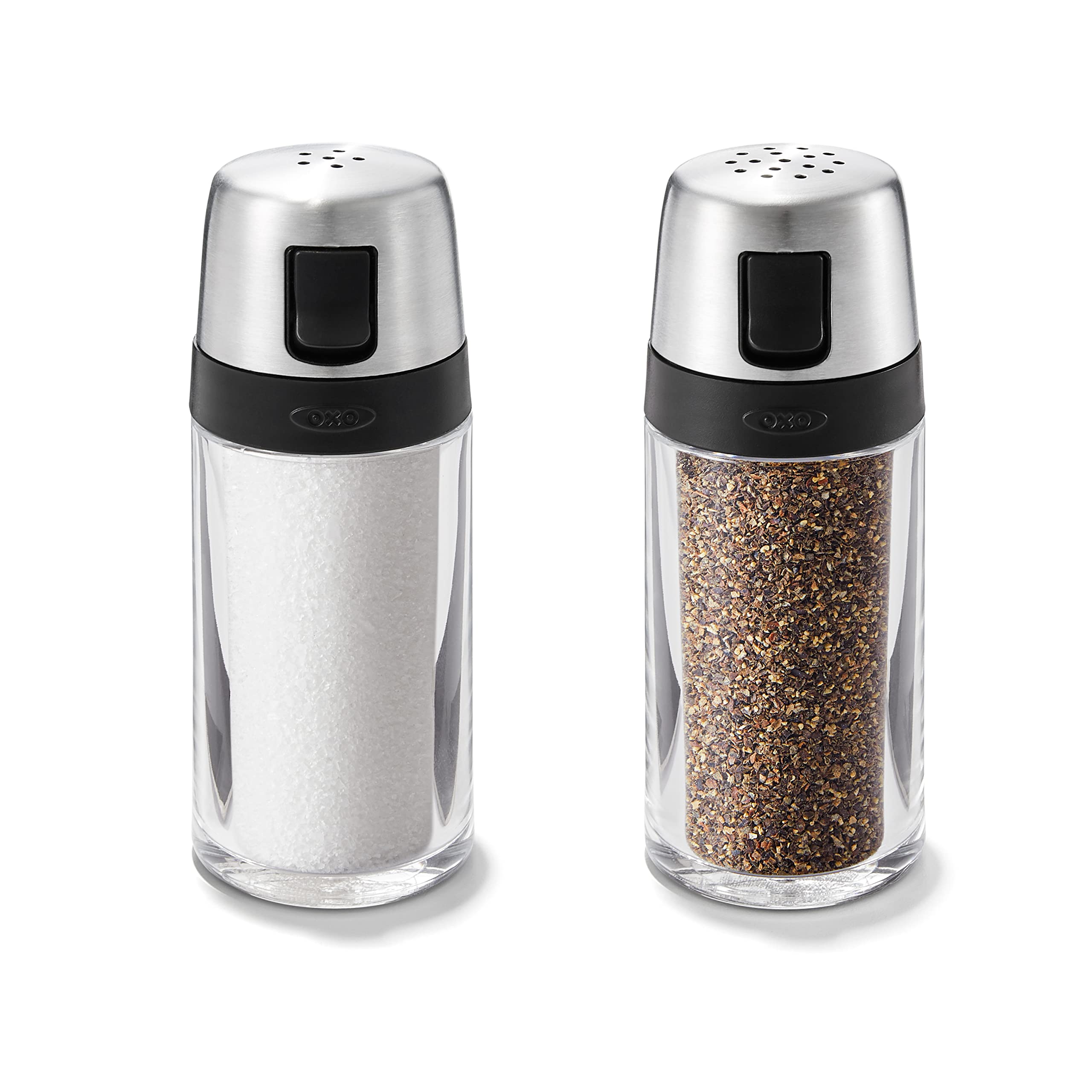 OXO salt shaker with clear body and stainless accents for easy visibility.
