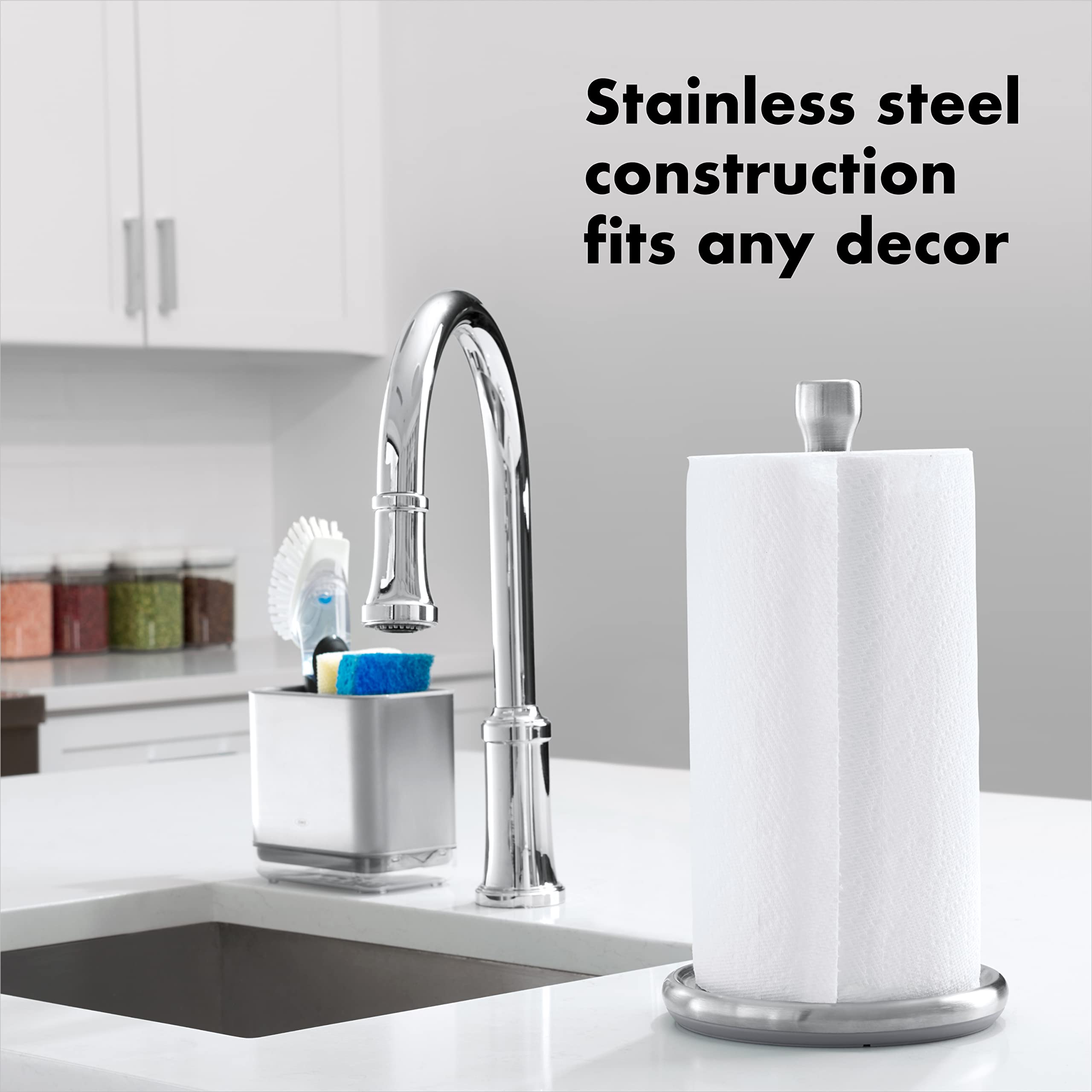 OXO Good Grips Steady Paper Towel Holder accommodates jumbo rolls for busy kitchens