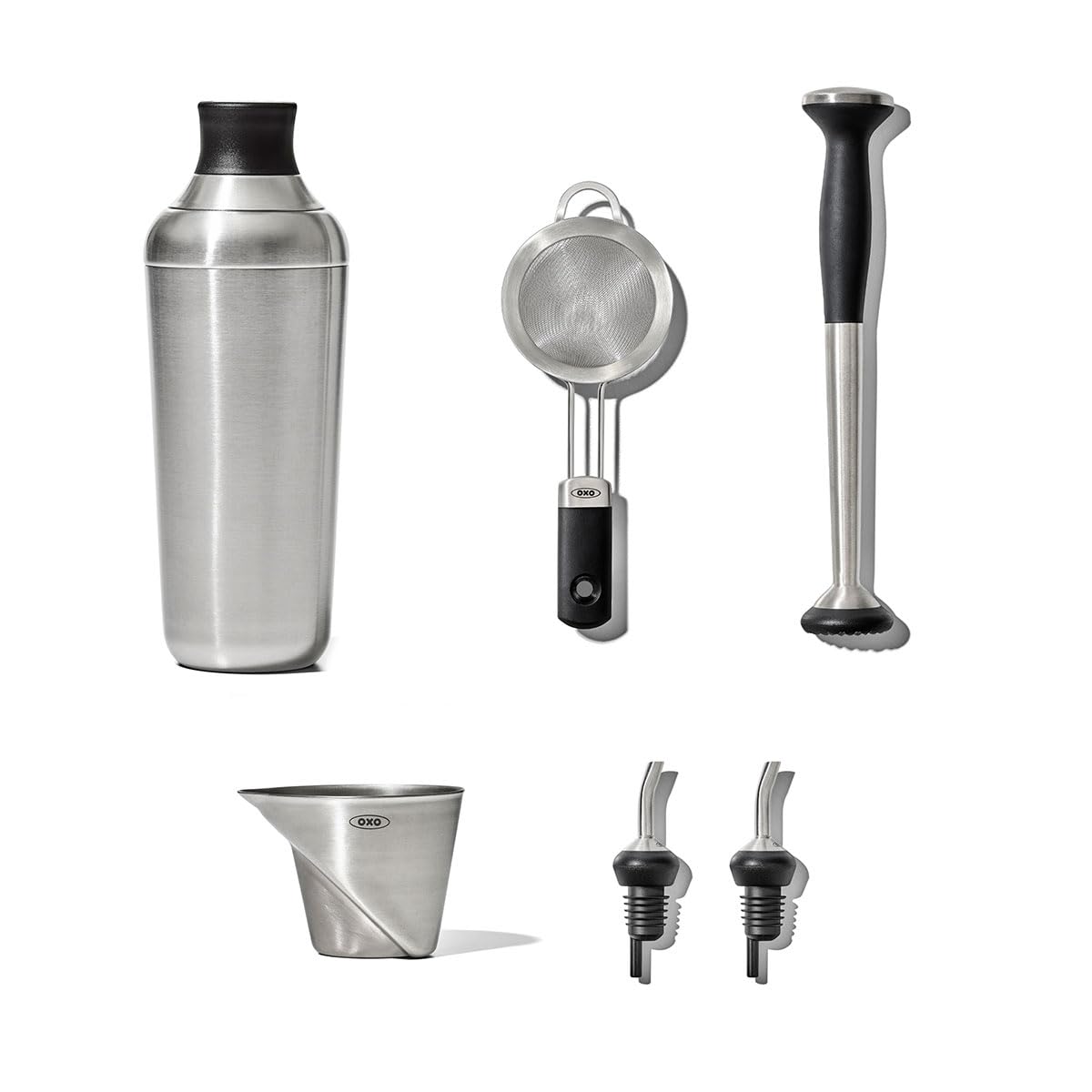OXO Steel 6-Piece Barware Set displayed on a bar cart for stylish entertaining.