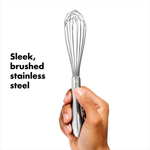 OXO SteeL 9-Inch Whisk highlighting ergonomic design for palm fit