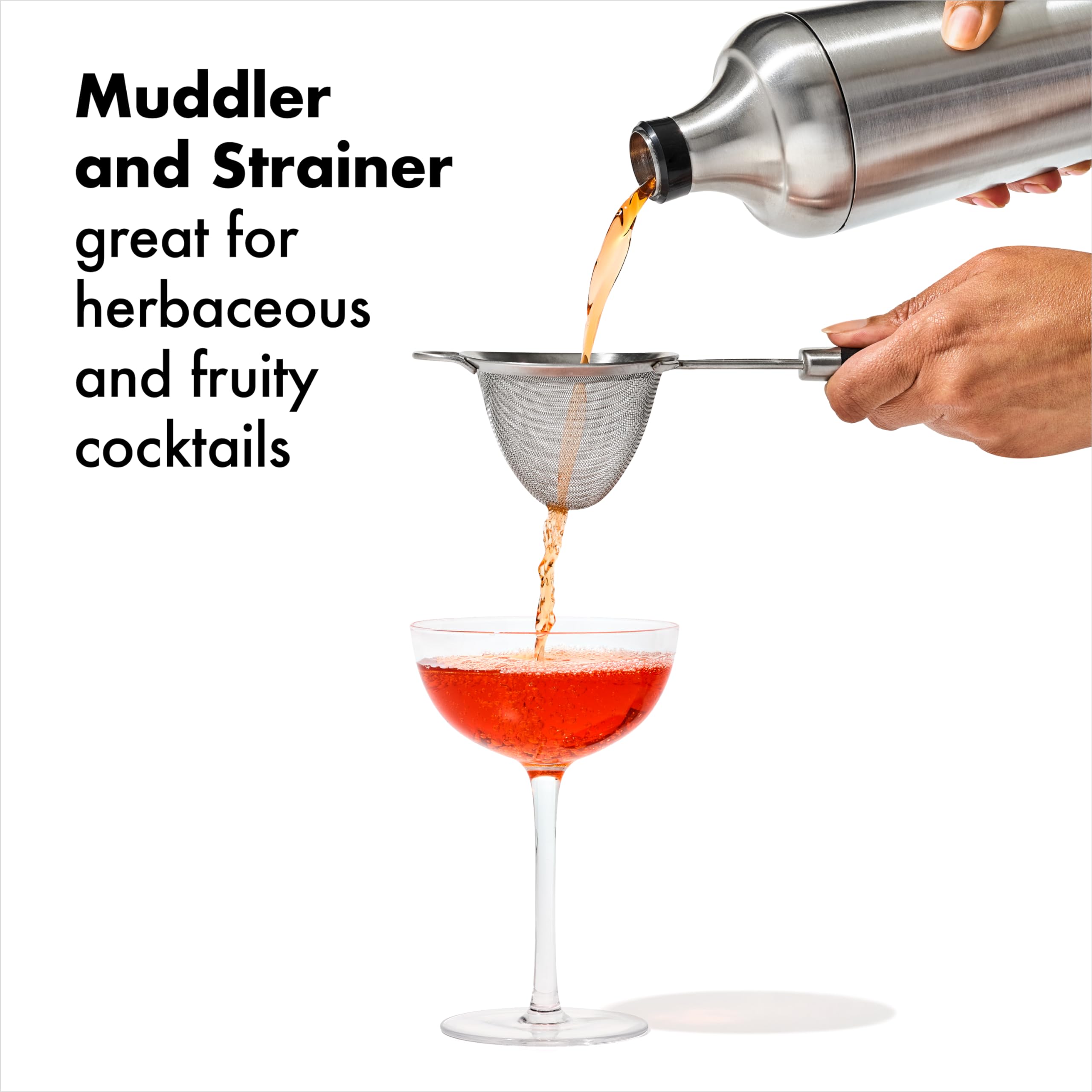 OXO Steel angled jigger overhead view shows easy, accurate measurement for cocktails.