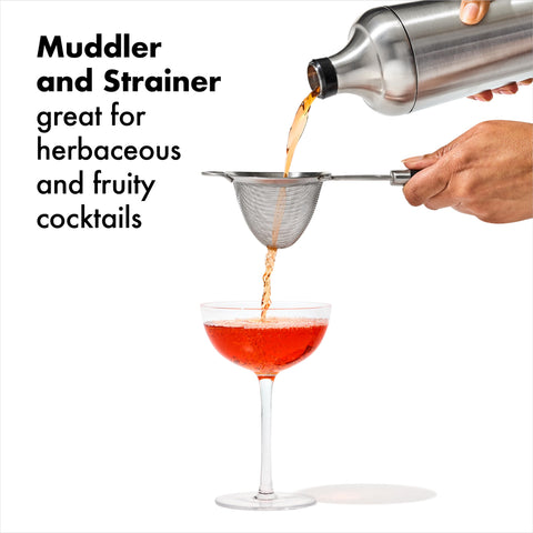 OXO Steel angled jigger overhead view shows easy, accurate measurement for cocktails.