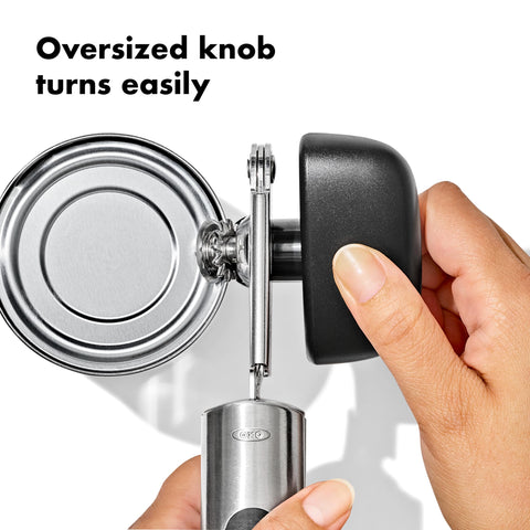 OXO SteeL Can Opener includes a built-in bottle opener for convenience.