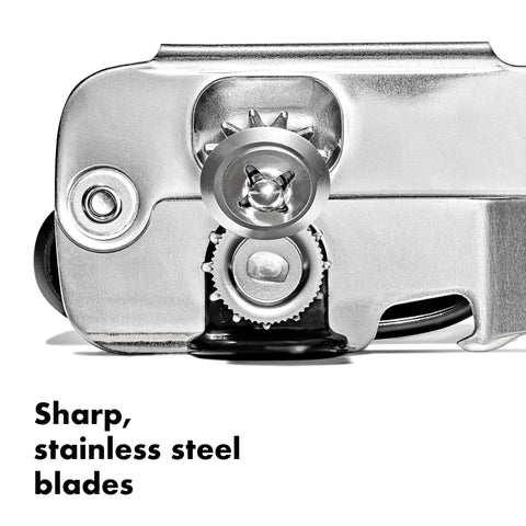 OXO SteeL Can Opener with cushioned handles reduces hand fatigue.