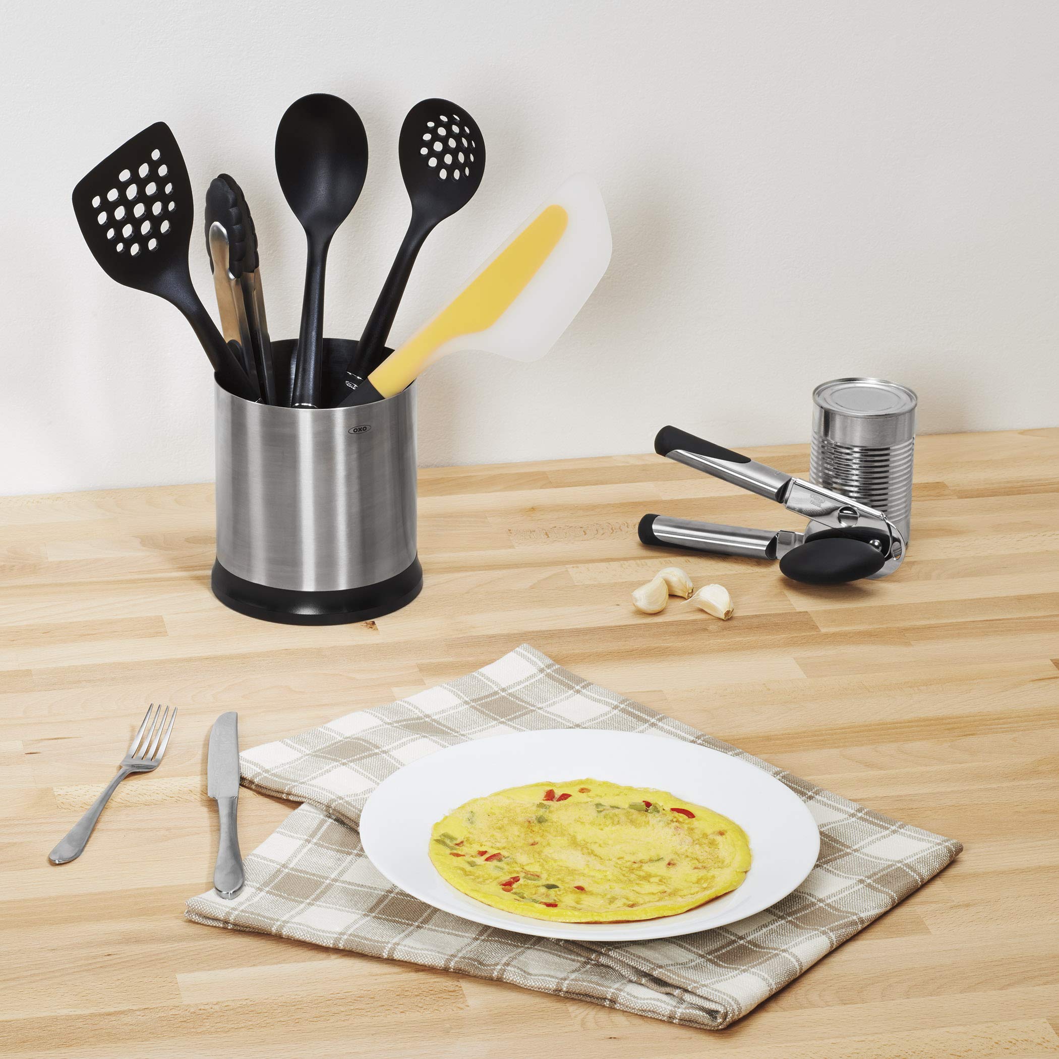 OXO SteeL Can Opener with an oversized knob for easy turning.