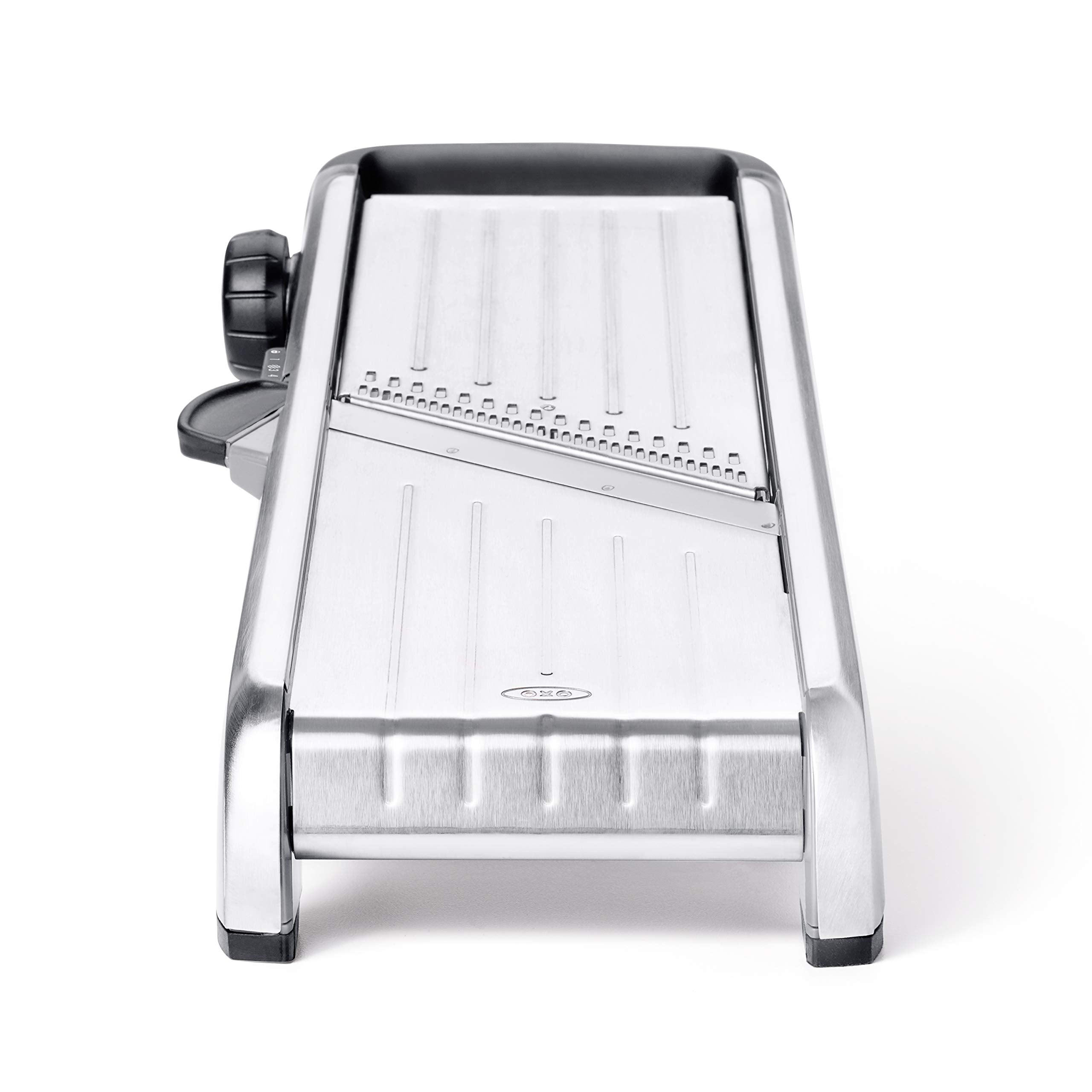 OXO SteeL Chef's Mandoline 2.0 non-slip feet keep it steady on counters.