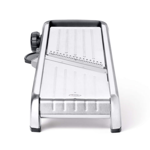 OXO SteeL Chef's Mandoline 2.0 non-slip feet keep it steady on counters.