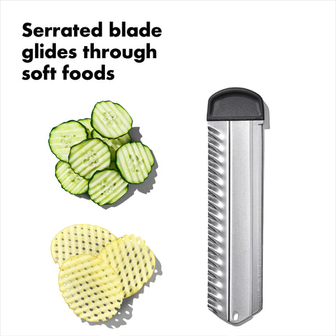 OXO SteeL Chef's Mandoline 2.0 thick julienne blade for chunky garnishes.