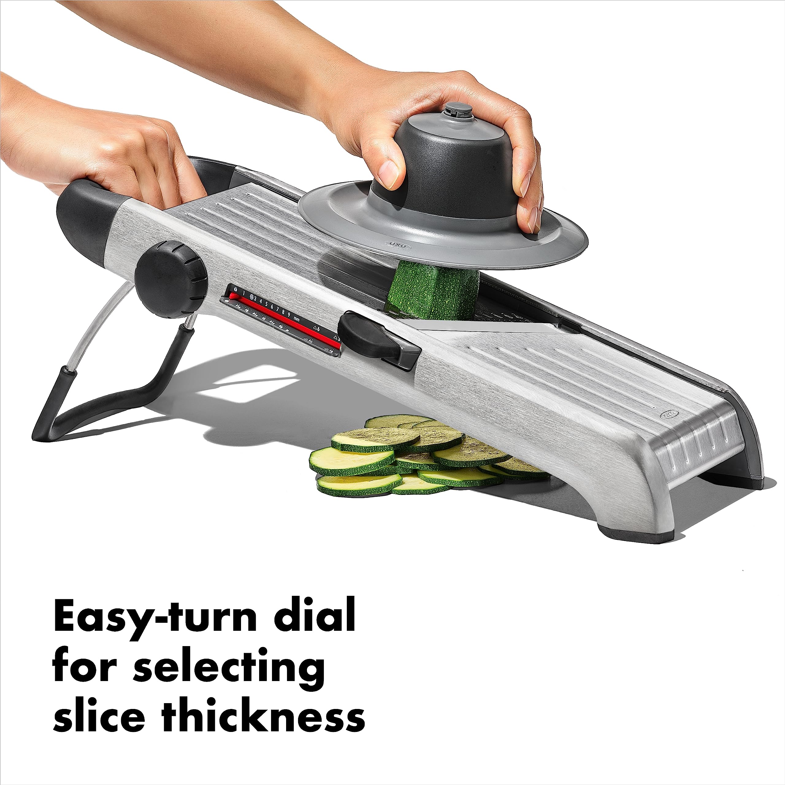 OXO SteeL Chef's Mandoline 2.0 adjustable thickness dial for versatile slices.