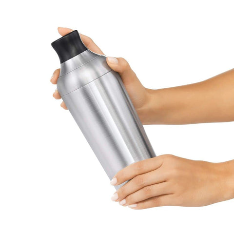 OXO Steel shaker cap with ½, ¾, 1, and 1½ oz marks for precise pours.