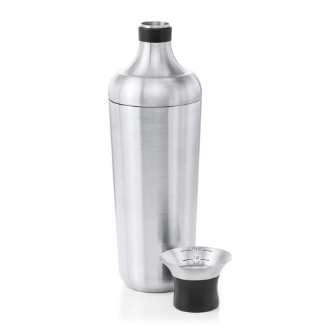 OXO Steel shaker shown disassembling easily for quick cleaning.