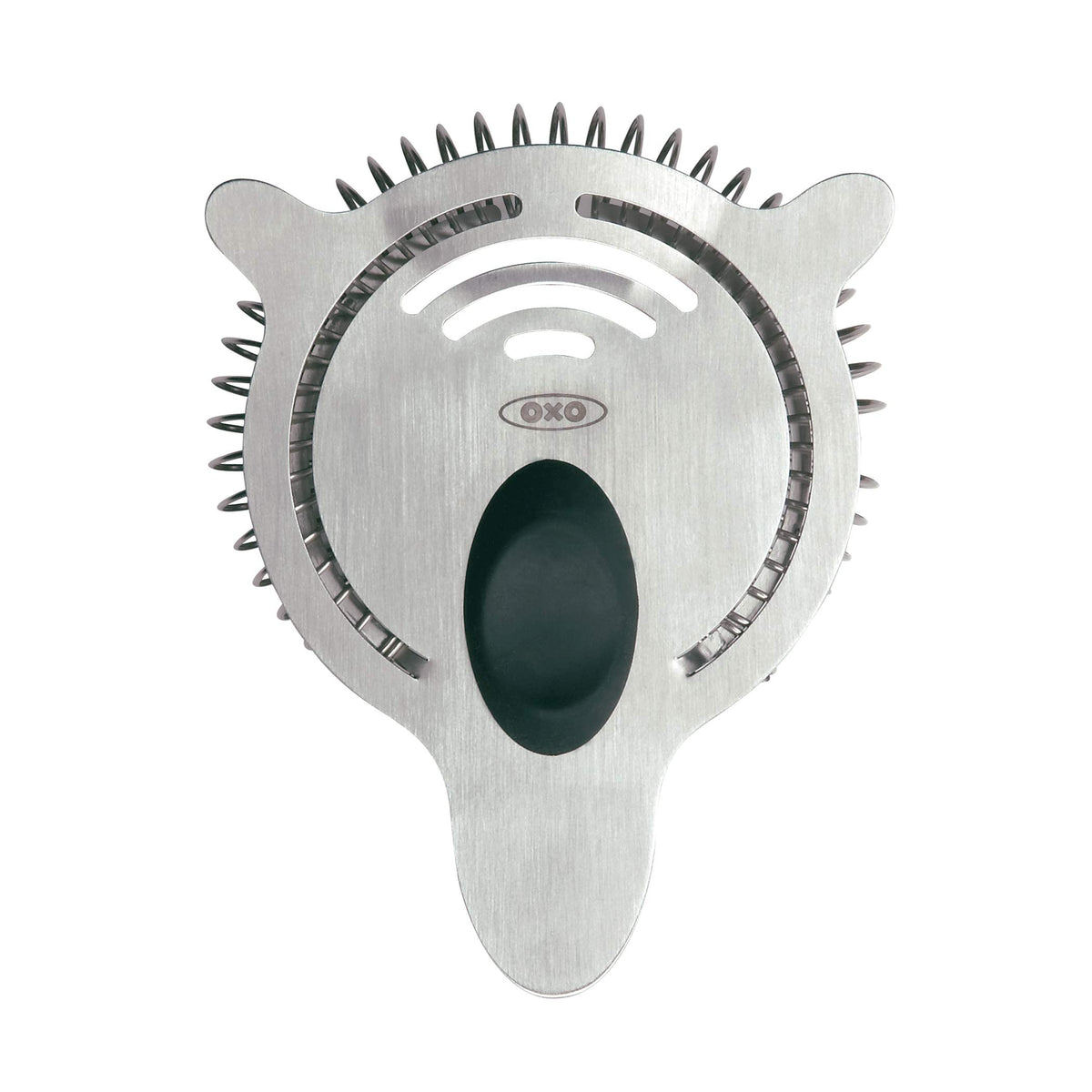 OXO SteeL cocktail strainer with raised lip prevents drips during pouring.