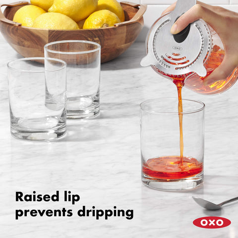OXO SteeL strainer has a short handle for easy storage.
