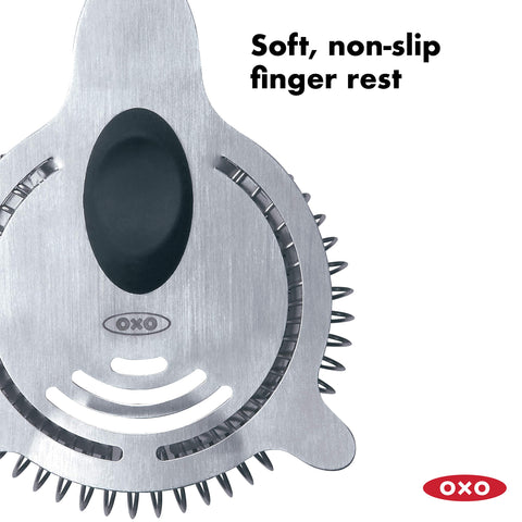 OXO SteeL strainer features a soft finger rest for comfortable grip.