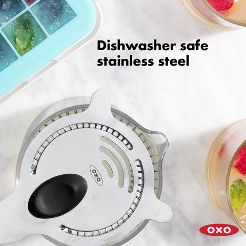 OXO SteeL efficiently strains ice and fruit for smooth pours.