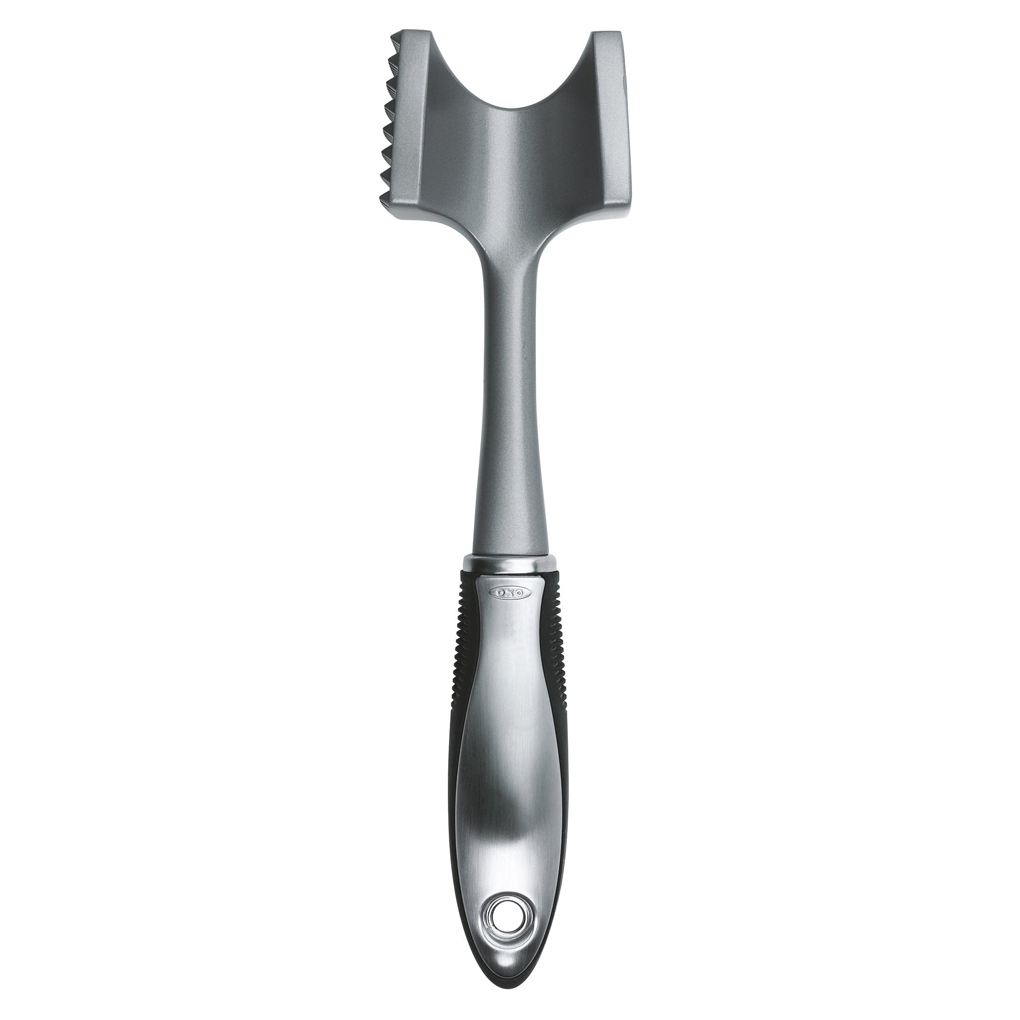 OXO SteeL dishwasher-safe meat tenderizer for easy cleanup after prep.