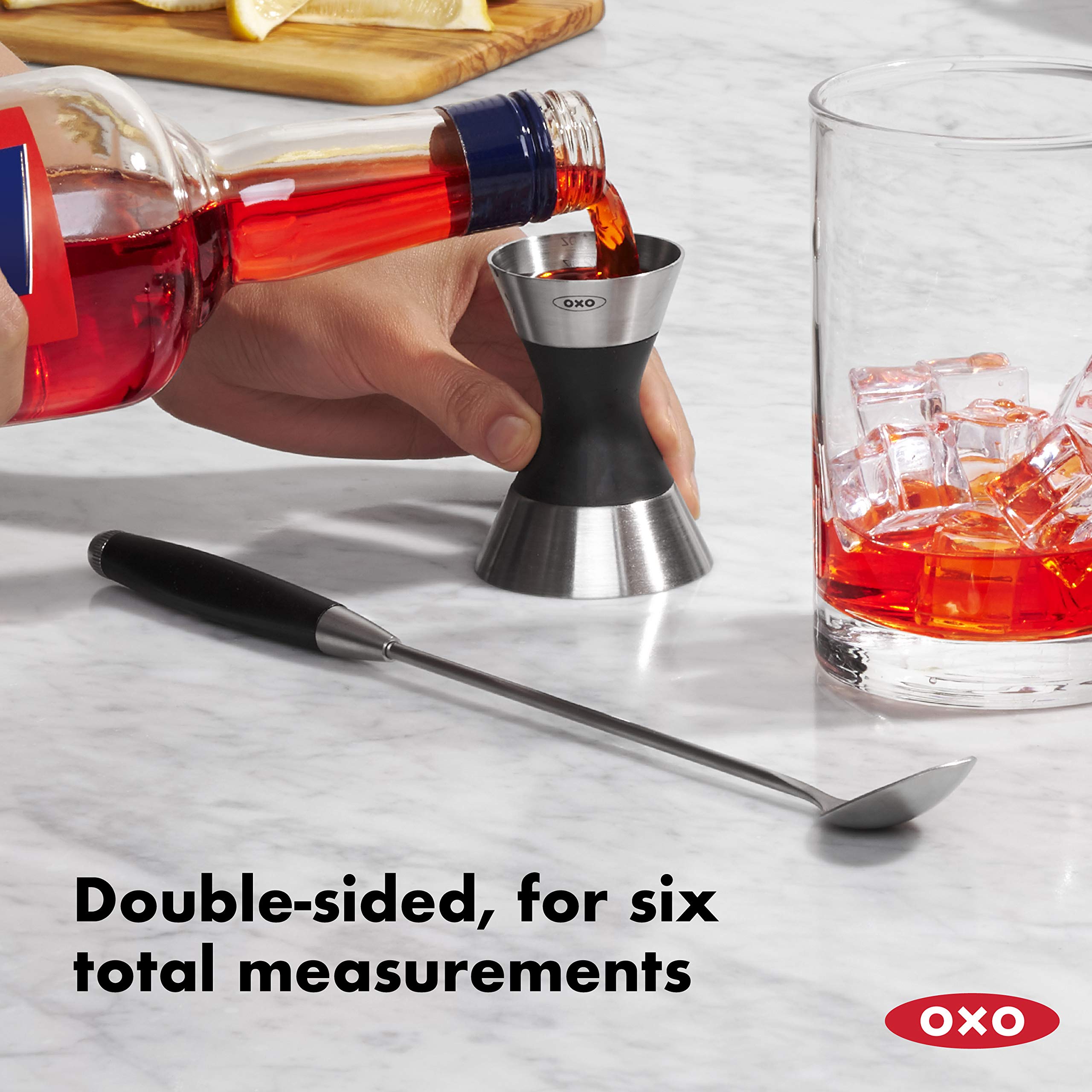 OXO SteeL Double Jigger capacity on one side streamlines measuring 1-1/2 oz increments.