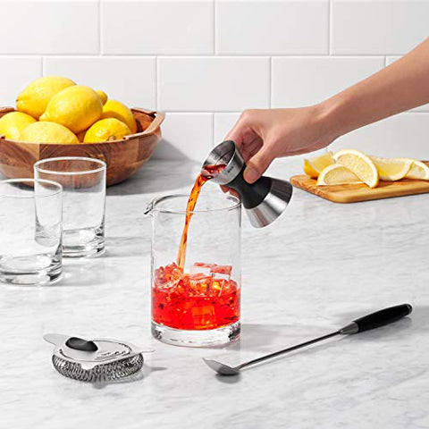 OXO SteeL Double Jigger fits in compact drawers for everyday home bartending.