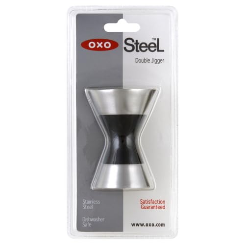OXO SteeL Jigger side-etching highlights permanent marks ensuring accurate measurements.