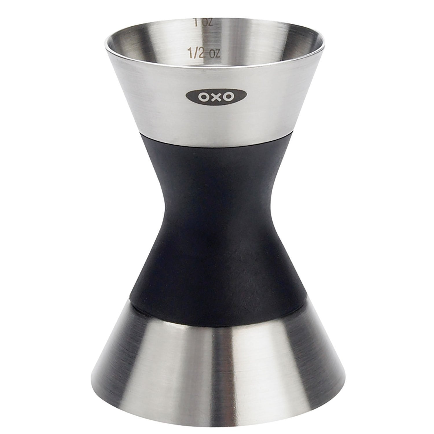 OXO SteeL Double Jigger top view with dual measurements for precise cocktail pours.