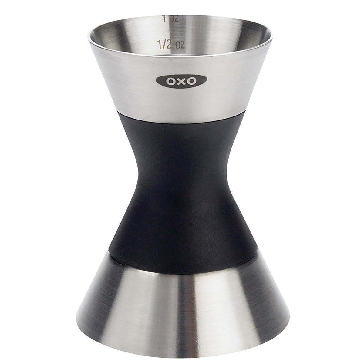 OXO SteeL Double Jigger top view with dual measurements for precise cocktail pours.