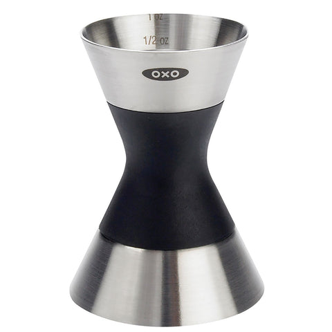 OXO SteeL Double Jigger top view with dual measurements for precise cocktail pours.