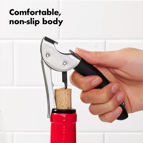 OXO steel corkscrew showing integrated bottle opener and foil cutter