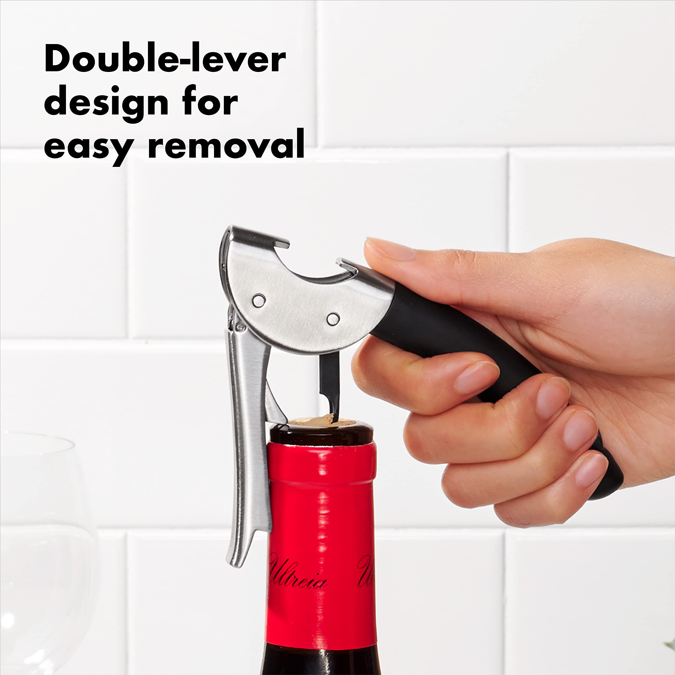 OXO steel handle with non-slip grip for comfortable corking