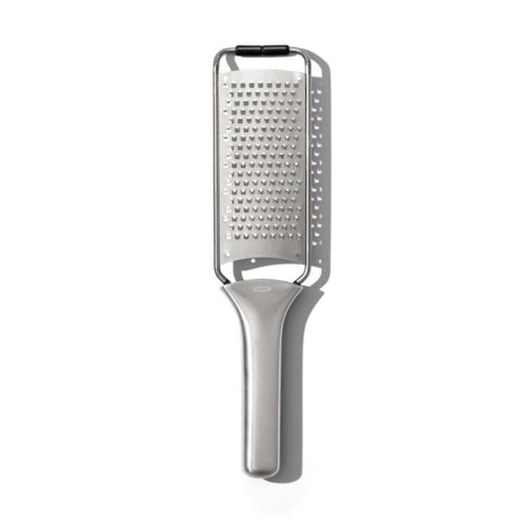 OXO Steel Grater with etched teeth for effortless cheese and vegetables.