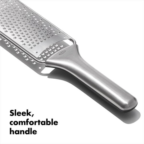 OXO Steel Grater featuring a sleek, comfortable handle for extended prep.