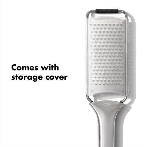 OXO Steel Grater with storage cover protecting blades and hands.