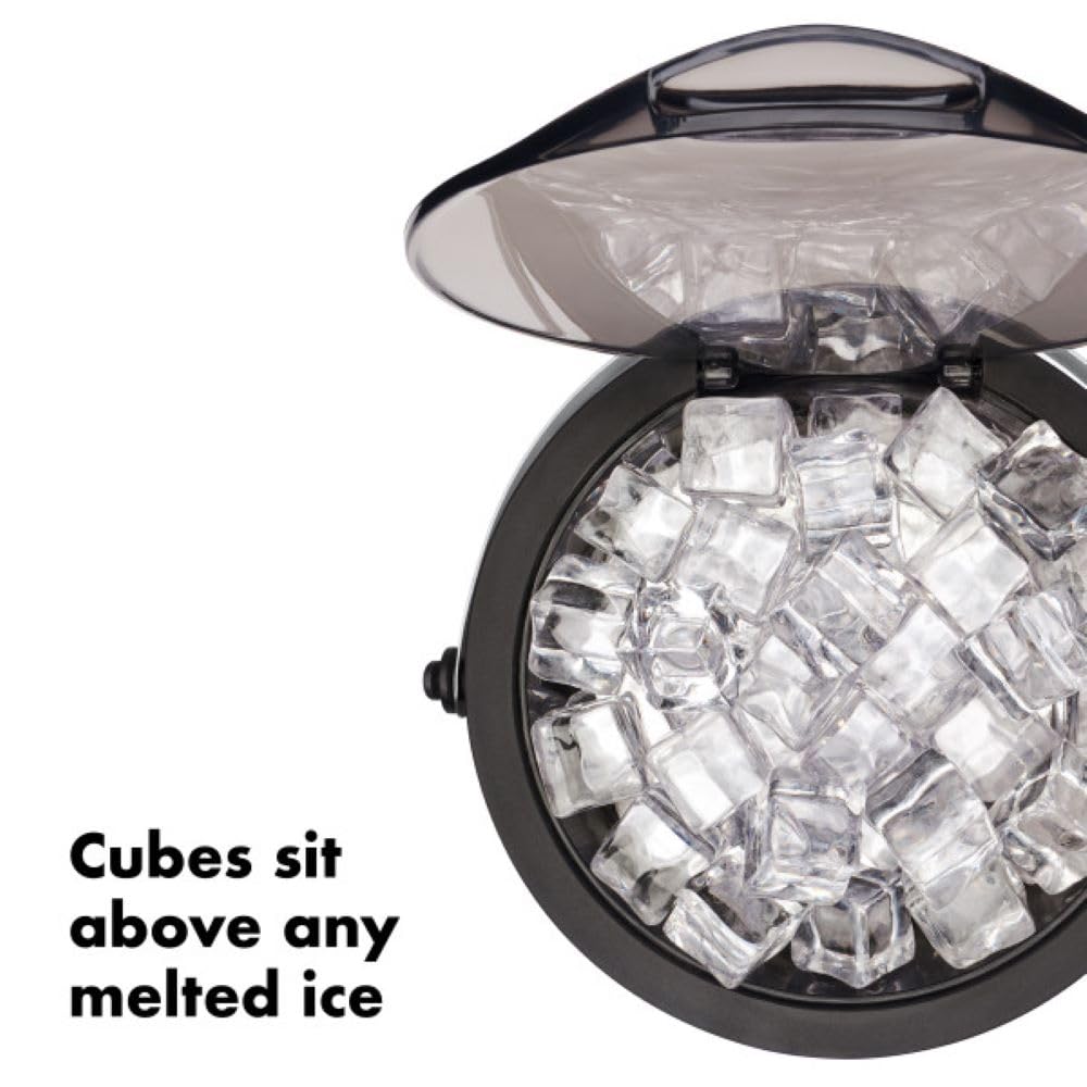 OXO steel ice bucket with clear flip-top lid for easy one-handed access.
