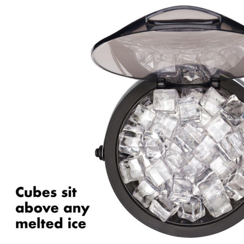 OXO steel ice bucket with clear flip-top lid for easy one-handed access.