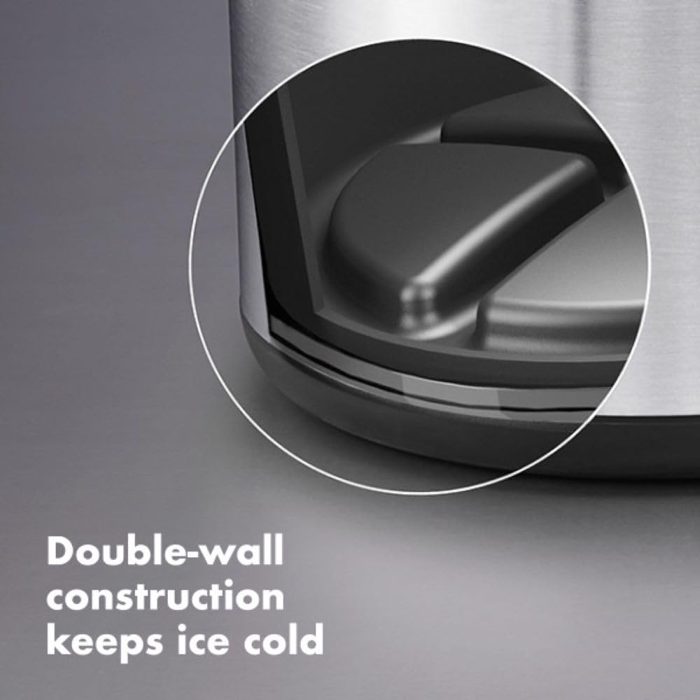 OXO steel ice bucket deep channels separate melted water from remaining cubes.