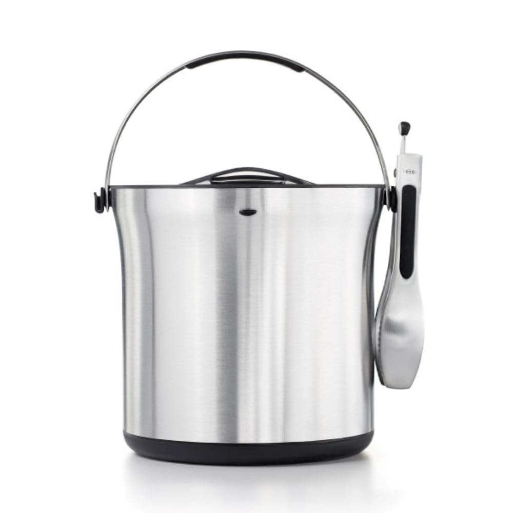 OXO steel ice bucket with lid closed for quick access at gatherings.